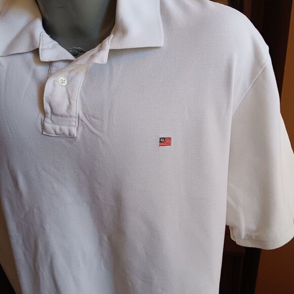 Vintage Mens Polo Shirt 2XL 90s RALPH LAUREN WHITE KNIT TINY FLAG LOGO SHIRT - Picture 1 of 5